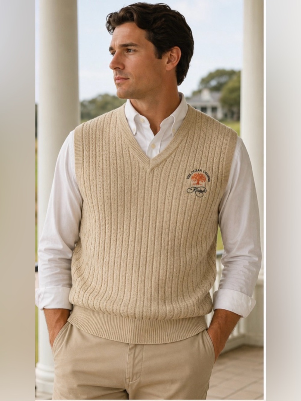 Bobby Jones Sweater Vest L Beige Cotton V Neck Golf Kiawah Ocean Course V Neck